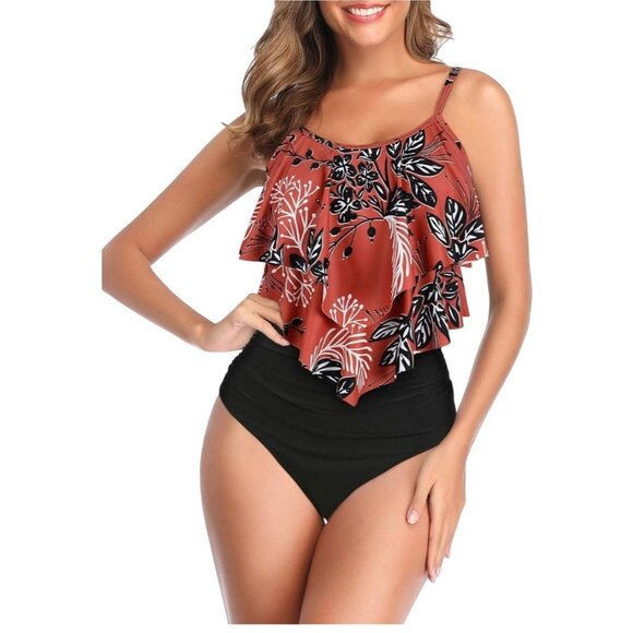 Womens XL High Waisted Bikini 2 Pc Set Ruffle Top Adjustable Straps Tropical - Picture 1 of 14